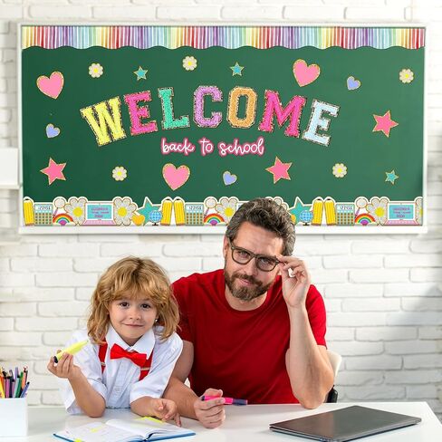 66 Feet Back to School Bulletin Border Decorations Boho Groovy First Day of School Trim Boarder Colorful 30 Pcs Chenille Patches Paper Cutouts Welcome School Wall Decor for Classroom Party in Saudi Arabia