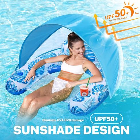 Pool Float Chair with Canopy, Inflatable Pool Chair with Cup Holder Adult Size - Swimming Pool Party Toy Lake Floaty in Saudi Arabia