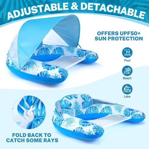 Pool Float Chair with Canopy, Inflatable Pool Chair with Cup Holder Adult Size - Swimming Pool Party Toy Lake Floaty in Saudi Arabia