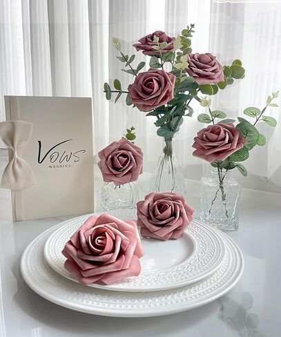 25 قطعة من الزهور الاصطناعية من Gankar Dusty Rose، زهور الورد المتربة للديكورات المركزية لحفلات الزفاف، ورود صناعية ذات مظهر حقيقي مع سيقان لديكور طاولة الحلوى في عيد الحب in Kuwait