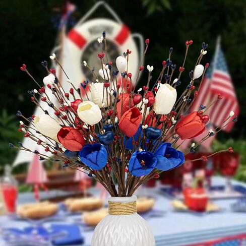 6 PCs Artificial Tulip Flowers 17 Inches Patriotic Flowers Independence Day Floral Picks with Red White Blue Flower for 4th of July Memorial Day Dinner Table Centerpiece (No vase) in Saudi Arabia