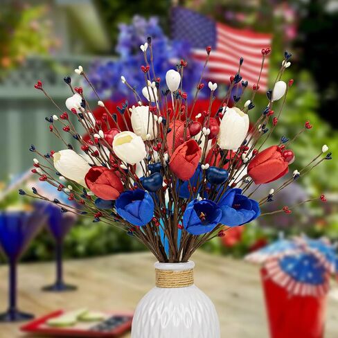 6 PCs Artificial Tulip Flowers 17 Inches Patriotic Flowers Independence Day Floral Picks with Red White Blue Flower for 4th of July Memorial Day Dinner Table Centerpiece (No vase) in Saudi Arabia