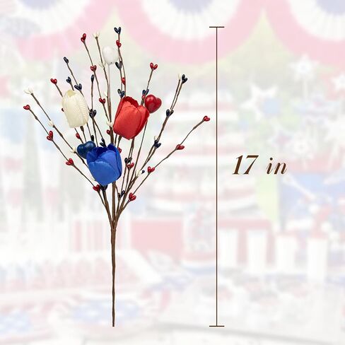 6 PCs Artificial Tulip Flowers 17 Inches Patriotic Flowers Independence Day Floral Picks with Red White Blue Flower for 4th of July Memorial Day Dinner Table Centerpiece (No vase) in Saudi Arabia