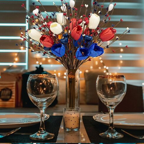 6 PCs Artificial Tulip Flowers 17 Inches Patriotic Flowers Independence Day Floral Picks with Red White Blue Flower for 4th of July Memorial Day Dinner Table Centerpiece (No vase) in Saudi Arabia