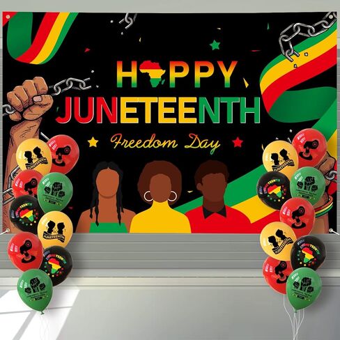 Juneteenth Decorations Banner 72" x 48" Backdrop with 18 Pcs Balloons Happy Juneteenth Independence Day Freedom Photography Background for Indoor Outdoor Garden Yard Juneteenth Party Supplies in Saudi Arabia
