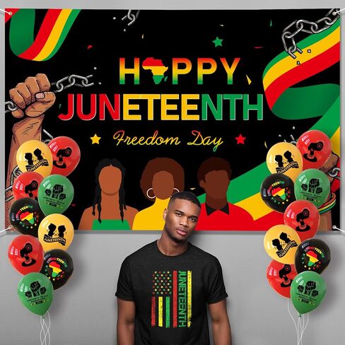 Juneteenth Decorations Banner 72" x 48" Backdrop with 18 Pcs Balloons Happy Juneteenth Independence Day Freedom Photography Background for Indoor Outdoor Garden Yard Juneteenth Party Supplies in Saudi Arabia