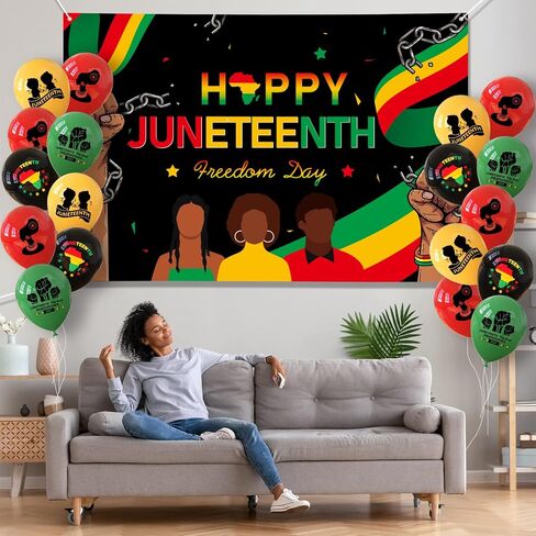 Juneteenth Decorations Banner 72" x 48" Backdrop with 18 Pcs Balloons Happy Juneteenth Independence Day Freedom Photography Background for Indoor Outdoor Garden Yard Juneteenth Party Supplies in Saudi Arabia