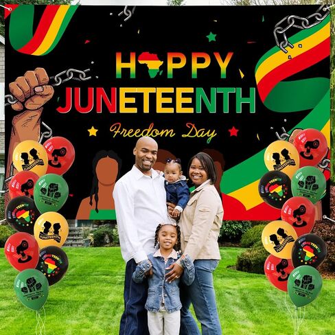 Juneteenth Decorations Banner 72" x 48" Backdrop with 18 Pcs Balloons Happy Juneteenth Independence Day Freedom Photography Background for Indoor Outdoor Garden Yard Juneteenth Party Supplies in Saudi Arabia