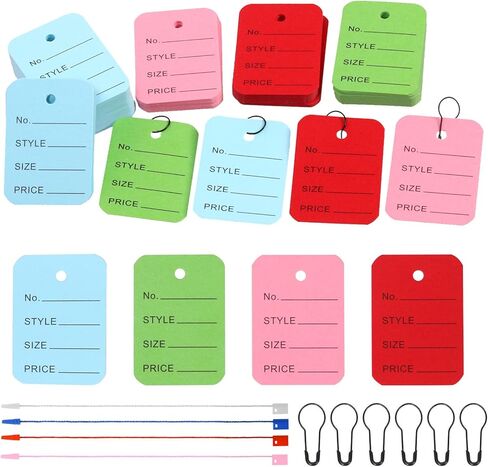 Keadic 1300Pcs Clothing Price Tags and Hang Tag String Color Assortment Set with Black Metal Gourd Safety Pins, 4 Colors Paper Shopping Coupon Tags and Nylon Fastener String for Clothes Retail Store in Kuwait