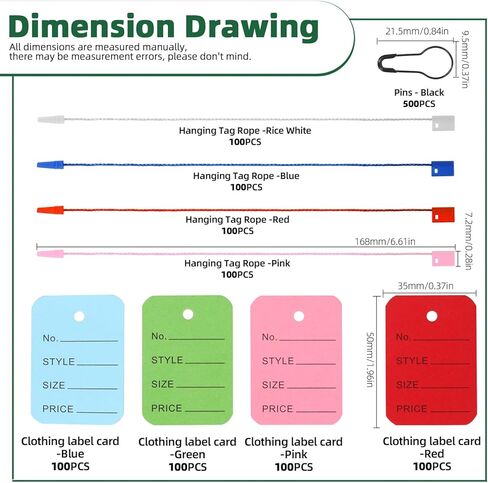Keadic 1300Pcs Clothing Price Tags and Hang Tag String Color Assortment Set with Black Metal Gourd Safety Pins, 4 Colors Paper Shopping Coupon Tags and Nylon Fastener String for Clothes Retail Store in Kuwait
