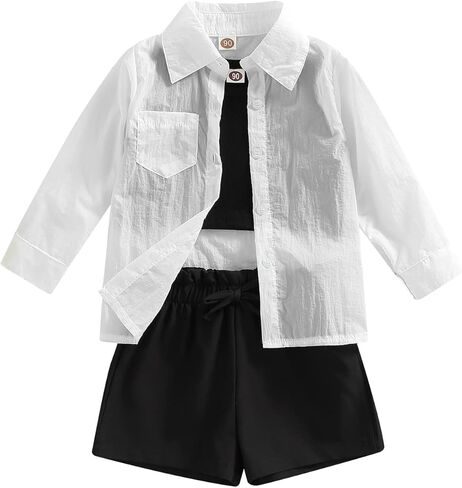 Toddler Girls Summer Clothes Set Sleeveless Crop Tops Vest+White Shirt+Elastic Waist Drawstring Shorts Outfits 1-6Y in Saudi Arabia
