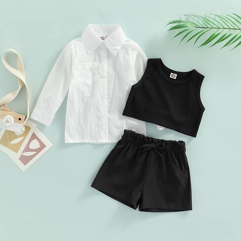 Toddler Girls Summer Clothes Set Sleeveless Crop Tops Vest+White Shirt+Elastic Waist Drawstring Shorts Outfits 1-6Y in Saudi Arabia