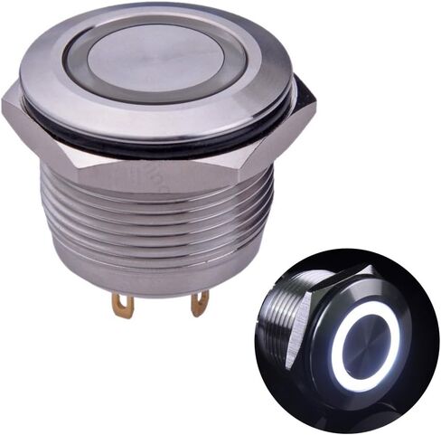 Ulincos® مفتاح ضغط مؤقت U19D1 1NO SPST غلاف من الفولاذ المقاوم للصدأ فضي مع حلقة LED بيضاء مناسبة لحزمة ثقب التركيب 19 مم 3/4 بوصة مع المقاوم in Kuwait