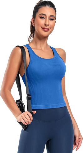 ATTRACO Workout Crop Tops for Women with Built in Bra U Neck Ribbed Seamless Yoga Tank Tight Fit in Saudi Arabia