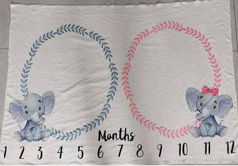 Baby Monthly Milestone Blanket Twins Neutral Blue Elephant Newborn Nursery Decor Photo Props Shoots Photography Growing Toddlers Soft Fleece Swaddle Blanket with Wreath Frames in Saudi Arabia