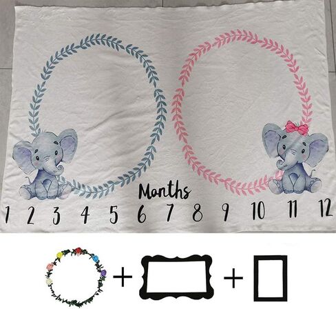 Baby Monthly Milestone Blanket Twins Neutral Blue Elephant Newborn Nursery Decor Photo Props Shoots Photography Growing Toddlers Soft Fleece Swaddle Blanket with Wreath Frames in Saudi Arabia