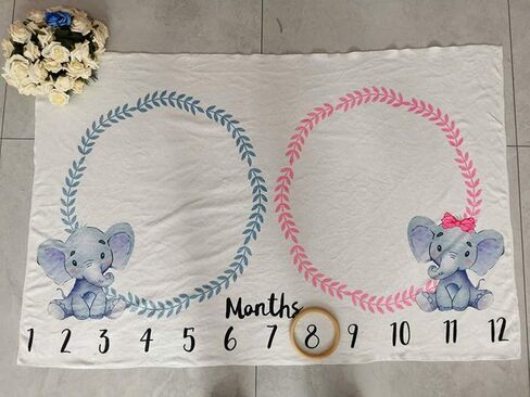 Baby Monthly Milestone Blanket Twins Neutral Blue Elephant Newborn Nursery Decor Photo Props Shoots Photography Growing Toddlers Soft Fleece Swaddle Blanket with Wreath Frames in Saudi Arabia
