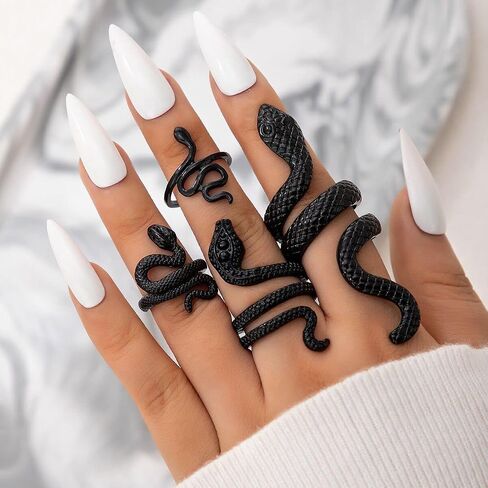Caiyao Gold Snake Ring Open Adjustable Punk Vintage Goth Silver Snake Knuckle Rings for Women Boho Statement Biker Stackable Phoenix Ring Black Snake Reptile Serpent Band Ring Girls Jewelry in Saudi Arabia