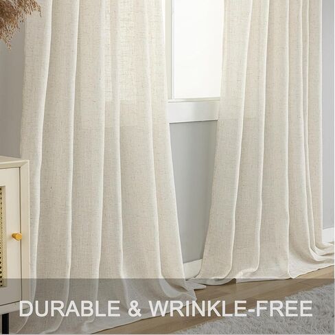 VOILYBIRD Thick Linen Texture Curtains 63 Inches Long for Bedroom, Rustic Farmhouse Drapes Light Filtering Semi Sheer 2 Panels, Back Tab & Rod Pocket, 52x63, Beige in Saudi Arabia