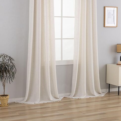 VOILYBIRD Thick Linen Texture Curtains 63 Inches Long for Bedroom, Rustic Farmhouse Drapes Light Filtering Semi Sheer 2 Panels, Back Tab & Rod Pocket, 52x63, Beige in Saudi Arabia