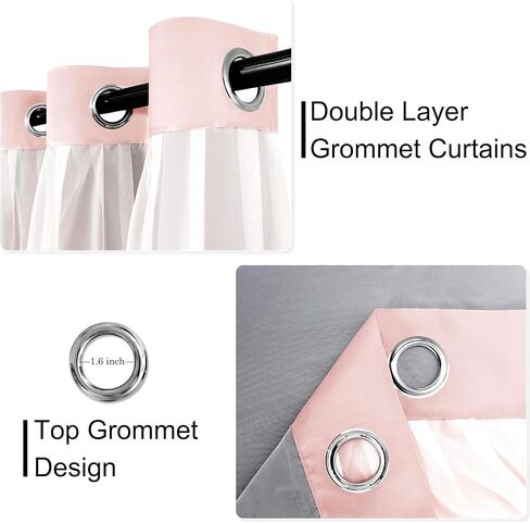 100% Blackout Double Layer Curtains, Blackout Curtains with Sheer Overlay for Living Room, Children's Room, Grommet Thermal Insulated Privacy Curtains with Tiebacks, 2 Panels, 52x84, Grey in Kuwait