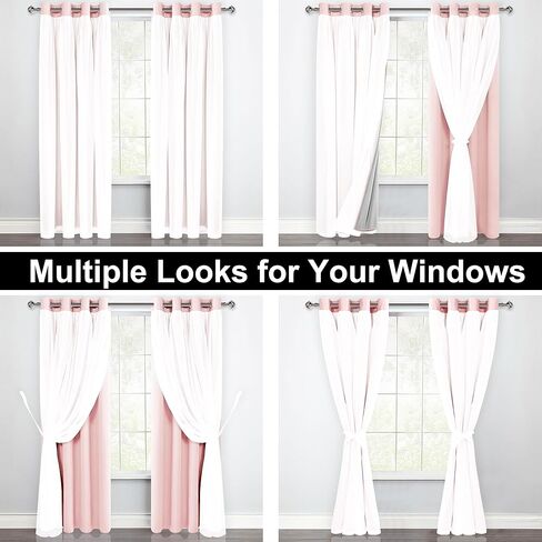 100% Blackout Double Layer Curtains, Blackout Curtains with Sheer Overlay for Living Room, Children's Room, Grommet Thermal Insulated Privacy Curtains with Tiebacks, 2 Panels, 52x84, Grey in Kuwait