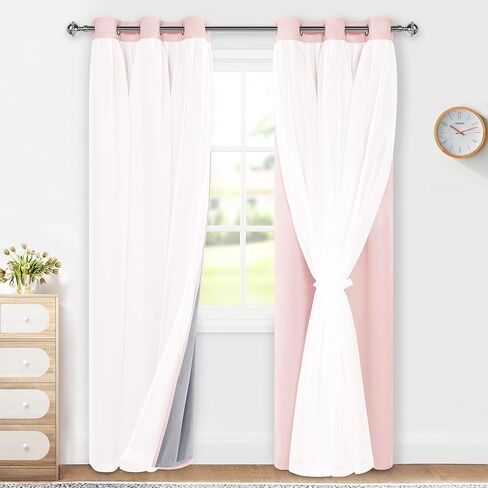 100% Blackout Double Layer Curtains, Blackout Curtains with Sheer Overlay for Living Room, Children's Room, Grommet Thermal Insulated Privacy Curtains with Tiebacks, 2 Panels, 52x84, Grey in Kuwait