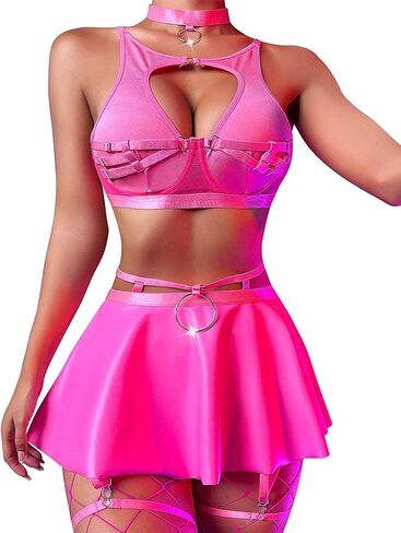 Aivtalk Women's Shiny Faux Leather Lingerie Set with Garter Belt Mini Skirt & Cutout Bra & Chocker S-XL in Kuwait