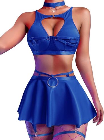Aivtalk Women's Shiny Faux Leather Lingerie Set with Garter Belt Mini Skirt & Cutout Bra & Chocker S-XL in Kuwait