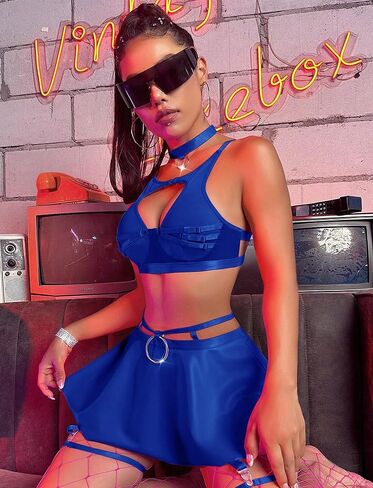 Aivtalk Women's Shiny Faux Leather Lingerie Set with Garter Belt Mini Skirt & Cutout Bra & Chocker S-XL in Kuwait