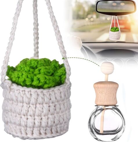 Crochet Car Air Freshener 12ml Empty Refillable Glass Perfume Bottles Car Diffuser Bottle Perfume Bottle Refillable Car Air Freshener Pendant with Cute Potted Plants Car Mirror Hanging Accessories in Kuwait