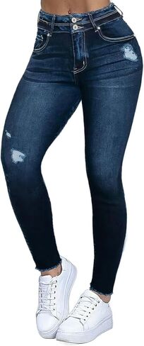 Flamingals Women's Ripped Button Cropped Skinny Leg Jeans Mid Waist Casual Pants in Saudi Arabia