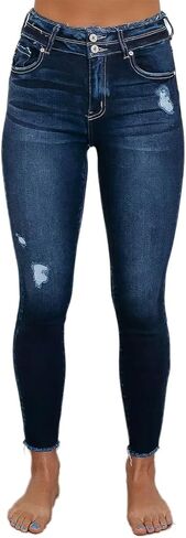 Flamingals Women's Ripped Button Cropped Skinny Leg Jeans Mid Waist Casual Pants in Saudi Arabia