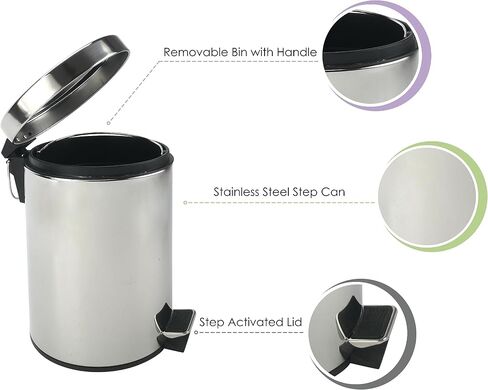 Mason Stainless Steel Metal Soft Close Step Can with Removable Inner Bucket, 5 Liters/ 1.3 Gallon Wastebasket for Bathroom, Bedroom, Kitchen, Office, Chrome in Saudi Arabia