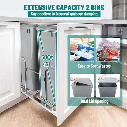 Pull-Out Trash Can, 50Qt Double Bins, Under Mount Waste Container with Soft-Close Slides, 176 lbs Load Capacity & Recycling Bin Door-Mounted Brackets Garbage with Lids for Kitchen Home Cabinet,2pack in Kuwait