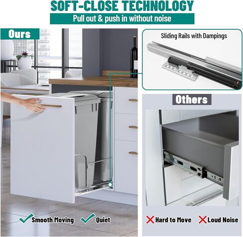 Pull-Out Trash Can, 50Qt Double Bins, Under Mount Waste Container with Soft-Close Slides, 176 lbs Load Capacity & Recycling Bin Door-Mounted Brackets Garbage with Lids for Kitchen Home Cabinet,2pack in Kuwait