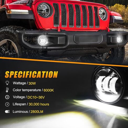 استبدال مصابيح الضباب LED JK مقاس 4 بوصات متوافقة مع 2007-2018 Jeep Wrangler JK JKU 2018-2024 JLU ملحقات المصد الأمامي ضوء الضباب الأبيض، مصابيح القيادة على الطرق الوعرة 30 وات، مصابيح ضباب مستديرة 4 بوصات قطعتان in Kuwait
