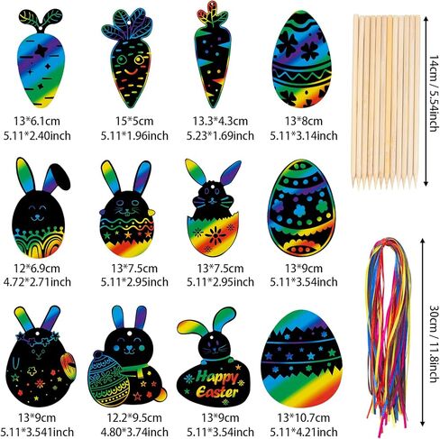 48 Pcs Easter Scratch Crafts for Kids, Rabbit Bunny Carrot Easter Egg Rainbow Scratch Paper Ornaments with Wooden Stick and Ribbon for Easter Party Favors in Saudi Arabia