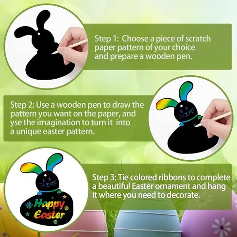 48 Pcs Easter Scratch Crafts for Kids, Rabbit Bunny Carrot Easter Egg Rainbow Scratch Paper Ornaments with Wooden Stick and Ribbon for Easter Party Favors in Saudi Arabia