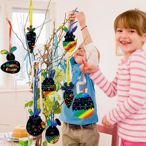 48 Pcs Easter Scratch Crafts for Kids, Rabbit Bunny Carrot Easter Egg Rainbow Scratch Paper Ornaments with Wooden Stick and Ribbon for Easter Party Favors in Saudi Arabia