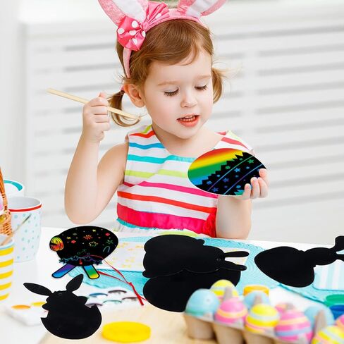 48 Pcs Easter Scratch Crafts for Kids, Rabbit Bunny Carrot Easter Egg Rainbow Scratch Paper Ornaments with Wooden Stick and Ribbon for Easter Party Favors in Saudi Arabia