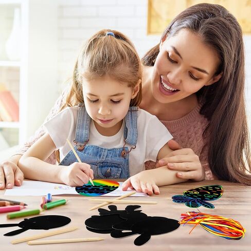 48 Pcs Easter Scratch Crafts for Kids, Rabbit Bunny Carrot Easter Egg Rainbow Scratch Paper Ornaments with Wooden Stick and Ribbon for Easter Party Favors in Saudi Arabia