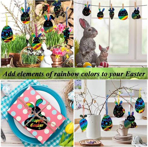 48 Pcs Easter Scratch Crafts for Kids, Rabbit Bunny Carrot Easter Egg Rainbow Scratch Paper Ornaments with Wooden Stick and Ribbon for Easter Party Favors in Saudi Arabia