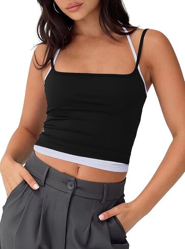 REORIA Women's Summer Casual Sleeveless Square Neck Contrast Double Lined Going Out Camisole Crop Tank Tops in Saudi Arabia