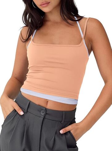 REORIA Women's Summer Casual Sleeveless Square Neck Contrast Double Lined Going Out Camisole Crop Tank Tops in Saudi Arabia