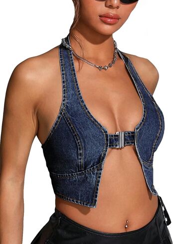 OYOANGLE Women's Sleeveless Deep V Neck Denim Halter Tops Party Clubwear Crop Tops in Saudi Arabia