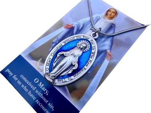Large Blue Enamel Miraculous Medal, 18" Stainless Steel Snake Chain Miraculous Necklace, Our Lady of Grace Medal, Medal Measures 1 3/4 inch, Comes with Prayer Card in Saudi Arabia