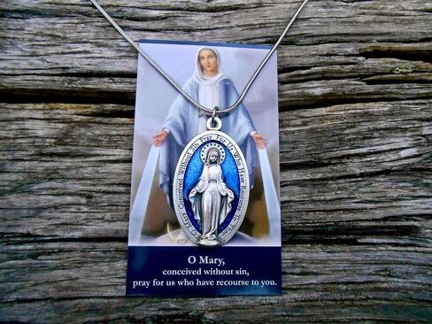 Large Blue Enamel Miraculous Medal, 18" Stainless Steel Snake Chain Miraculous Necklace, Our Lady of Grace Medal, Medal Measures 1 3/4 inch, Comes with Prayer Card in Saudi Arabia