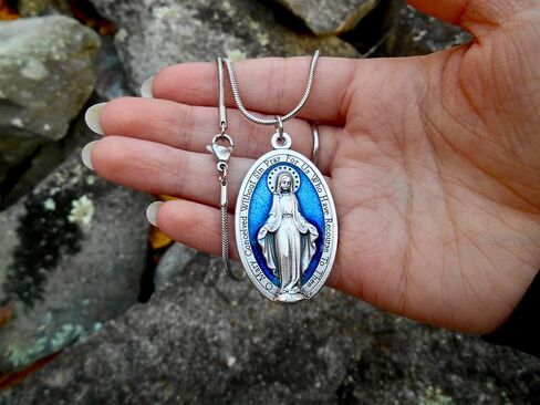Large Blue Enamel Miraculous Medal, 18" Stainless Steel Snake Chain Miraculous Necklace, Our Lady of Grace Medal, Medal Measures 1 3/4 inch, Comes with Prayer Card in Saudi Arabia