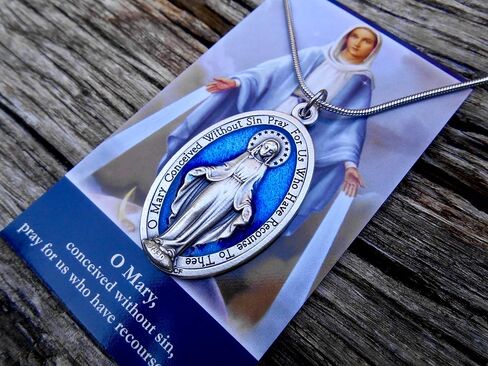 Large Blue Enamel Miraculous Medal, 18" Stainless Steel Snake Chain Miraculous Necklace, Our Lady of Grace Medal, Medal Measures 1 3/4 inch, Comes with Prayer Card in Saudi Arabia
